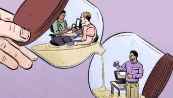Light purple background, hand holding an hour glass with sand moving from one section to the other. A GP in the top section consults a patient about their blood pressure and in the bottom section a pharmacist assembles a prescription
