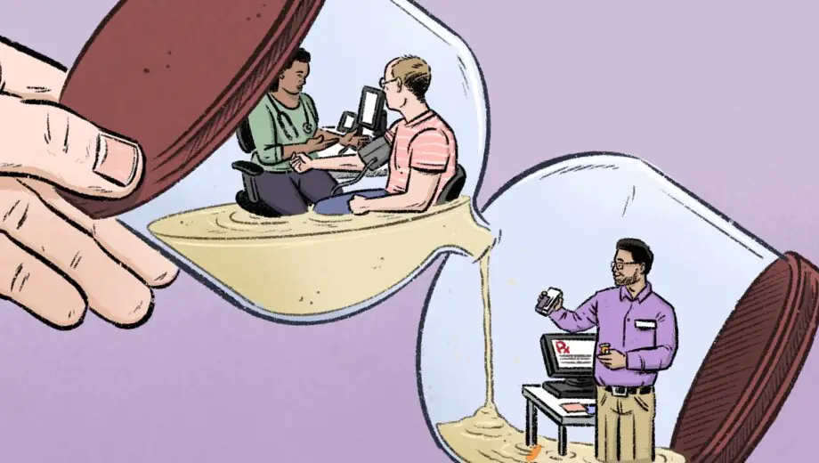 Light purple background, hand holding an hour glass with sand moving from one section to the other. A GP in the top section consults a patient about their blood pressure and in the bottom section a pharmacist assembles a prescription