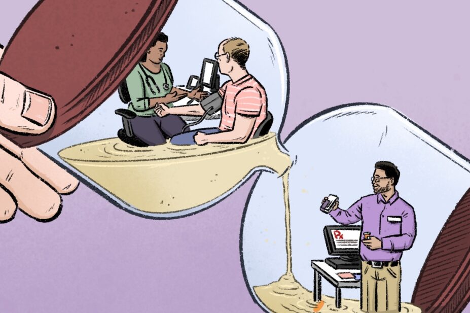 Light purple background, hand holding an hour glass with sand moving from one section to the other. A GP in the top section consults a patient about their blood pressure and in the bottom section a pharmacist assembles a prescription