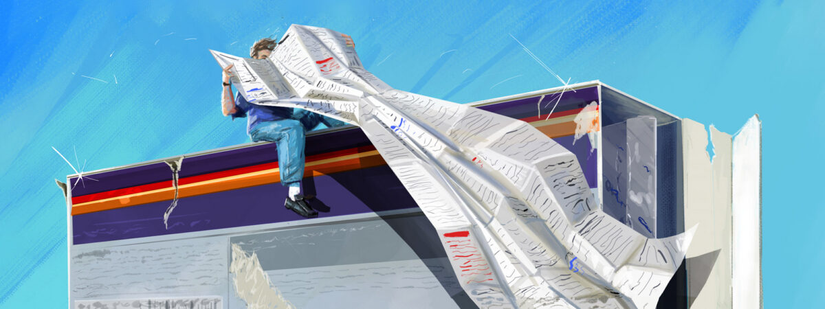 Blue background, a large grey pill packet with blue and yellow stripe. On it a man sits with an enormous PIL open, trailing down the side of the box