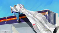 Blue background, a large grey pill packet with blue and yellow stripe. On it a man sits with an enormous PIL open, trailing down the side of the box