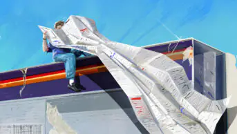 Blue background, a large grey pill packet with blue and yellow stripe. On it a man sits with an enormous PIL open, trailing down the side of the box