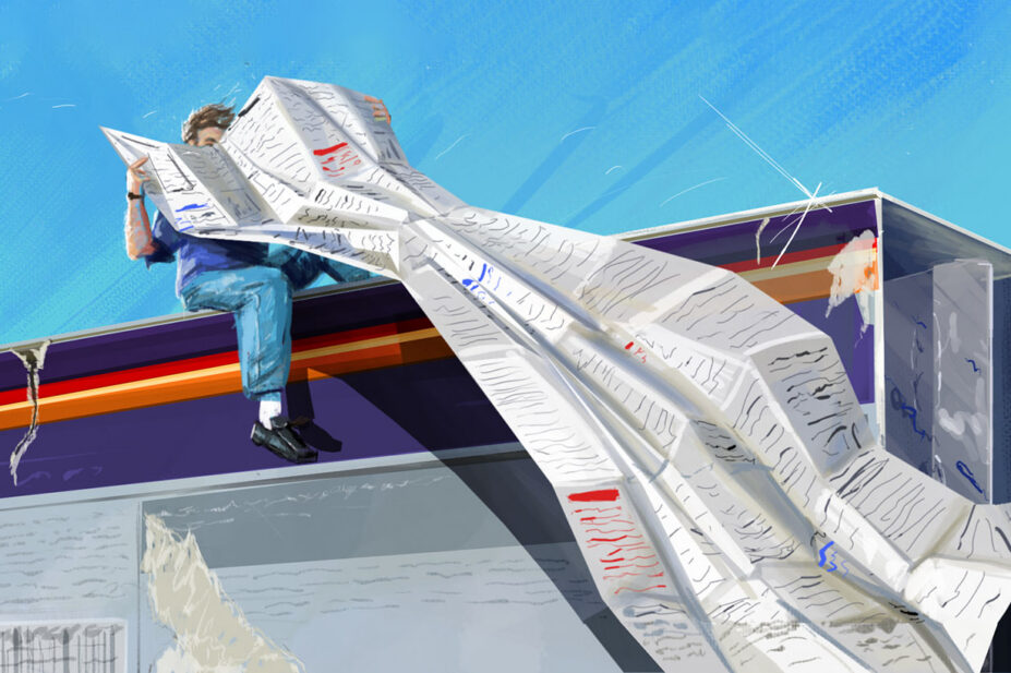 Blue background, a large grey pill packet with blue and yellow stripe. On it a man sits with an enormous PIL open, trailing down the side of the box