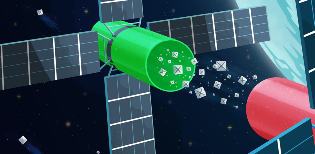 Scene of space, dark background with the Earth visible in the top right corner. In the foreground satellites which look like either sides of a pill capsule coming apart, and between them crystal structures