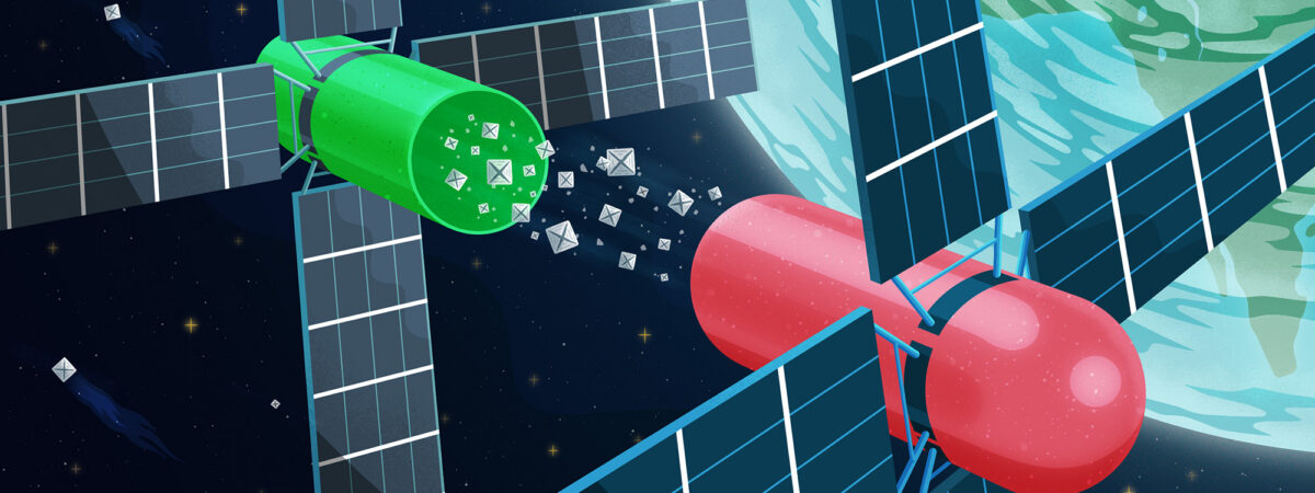 Scene of space, dark background with the Earth visible in the top right corner. In the foreground satellites which look like either sides of a pill capsule coming apart, and between them crystal structures