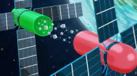 Scene of space, dark background with the Earth visible in the top right corner. In the foreground satellites which look like either sides of a pill capsule coming apart, and between them crystal structures