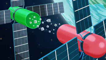 Scene of space, dark background with the Earth visible in the top right corner. In the foreground satellites which look like either sides of a pill capsule coming apart, and between them crystal structures
