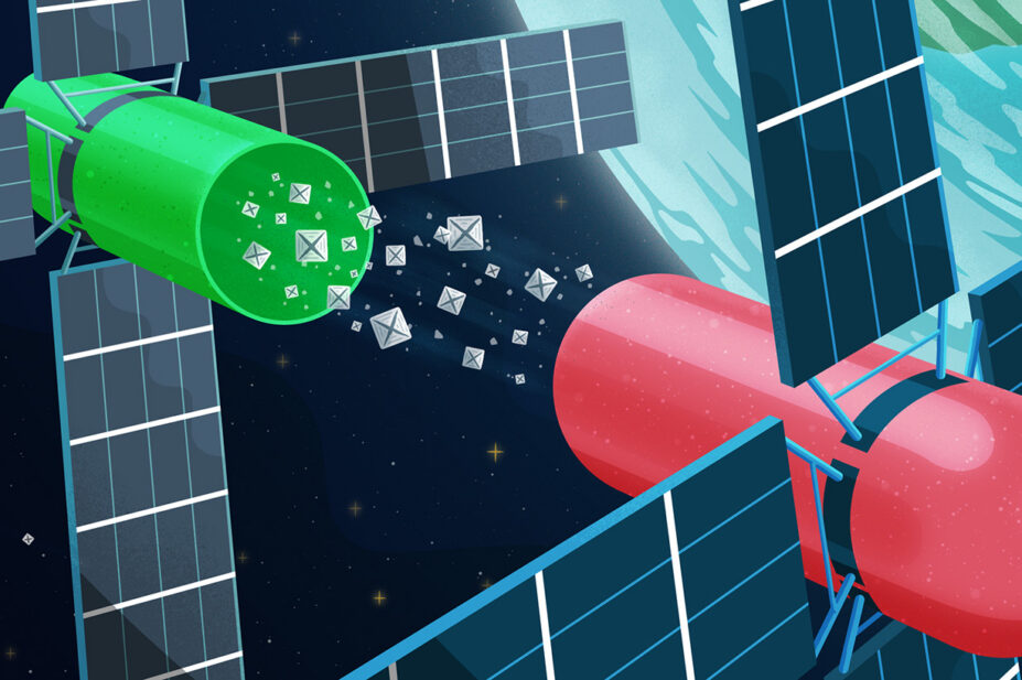 Scene of space, dark background with the Earth visible in the top right corner. In the foreground satellites which look like either sides of a pill capsule coming apart, and between them crystal structures