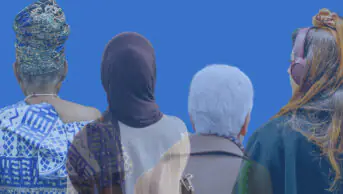 Blue background with images of four women, from left: black woman in colourful head scarf, woman wearing hijab, white older woman and white woman with orange hair wearing headphones