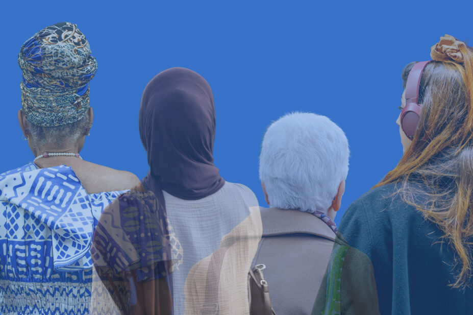 Blue background with images of four women, from left: black woman in colourful head scarf, woman wearing hijab, white older woman and white woman with orange hair wearing headphones