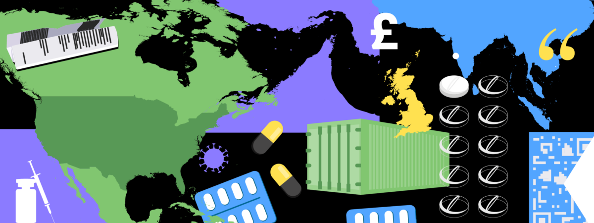 Black background with green map of North America, purple patch with white silhouette vaccine, PIL, blue pill packet, purple strait of Hormuz, white pound sign, green shipping container, yellow UK, white pills and blue and white QR code