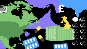 Black background with green map of North America, purple patch with white silhouette vaccine, PIL, blue pill packet, purple strait of Hormuz, white pound sign, green shipping container, yellow UK, white pills and blue and white QR code
