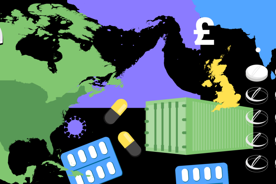 Black background with green map of North America, purple patch with white silhouette vaccine, PIL, blue pill packet, purple strait of Hormuz, white pound sign, green shipping container, yellow UK, white pills and blue and white QR code