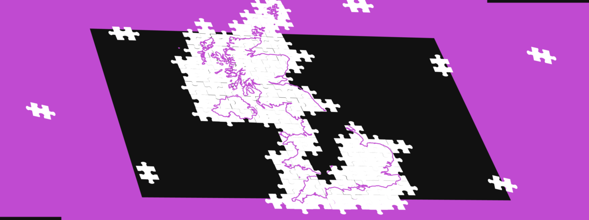 Purple background with white puzzle of the UK showing gap in puzzle pieces around the north south divide and white puzzle pieces floating around