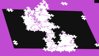Purple background with white puzzle of the UK showing gap in puzzle pieces around the north south divide and white puzzle pieces floating around