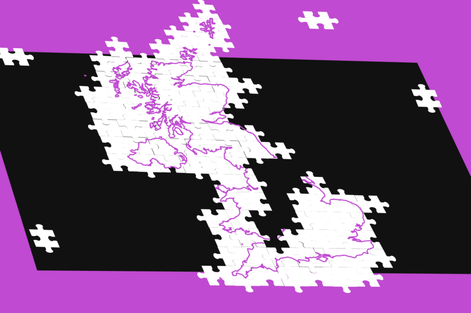 Purple background with white puzzle of the UK showing gap in puzzle pieces around the north south divide and white puzzle pieces floating around