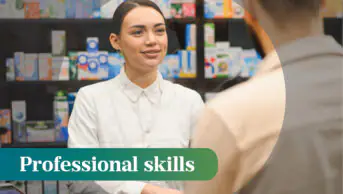 Young female pharmacist is smiling and interacting with a male customer at the counter, with medicine shelves behind them. The words 