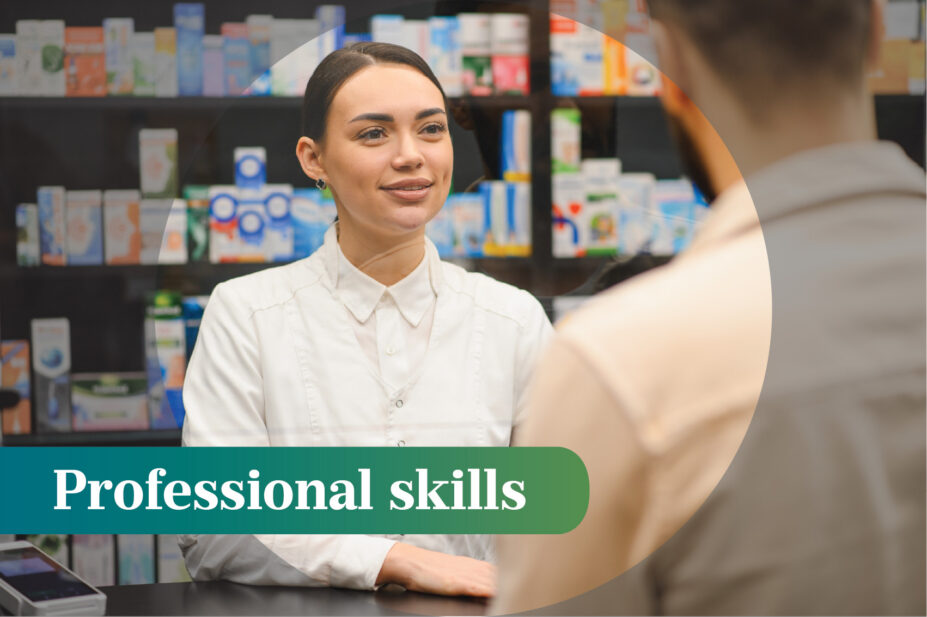 Young female pharmacist is smiling and interacting with a male customer at the counter, with medicine shelves behind them. The words