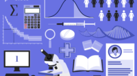Light purple background with pill, pharmacy cross, magnifying glass, microscope, computer, calculator, maths symbols, control group of people, books, profile, injection