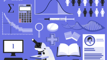 Light purple background with pill, pharmacy cross, magnifying glass, microscope, computer, calculator, maths symbols, control group of people, books, profile, injection