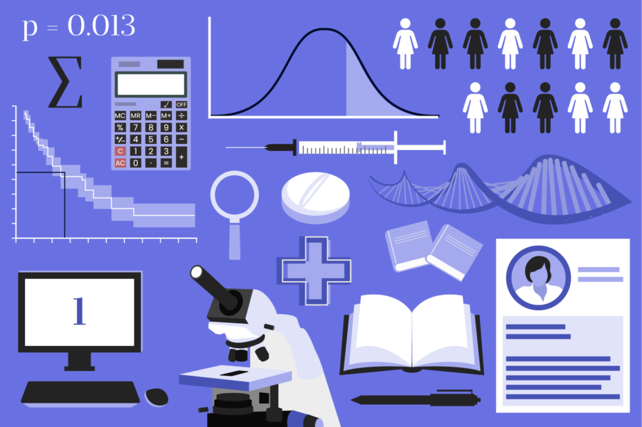 Light purple background with pill, pharmacy cross, magnifying glass, microscope, computer, calculator, maths symbols, control group of people, books, profile, injection