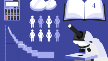 Darker purple background with pill, calculator, books, graph, control group, microscope number 4