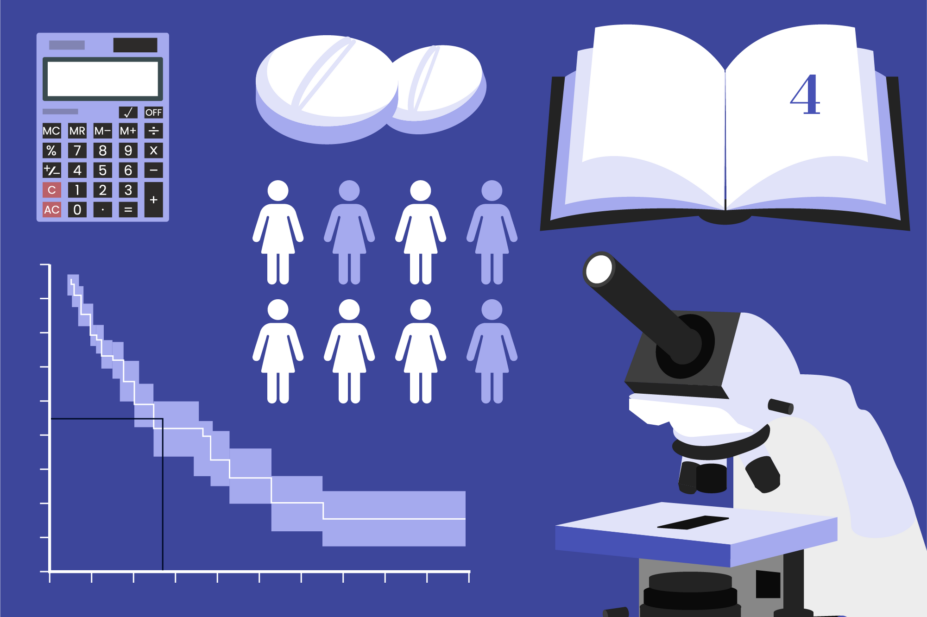 Darker purple background with pill, calculator, books, graph, control group, microscope number 4