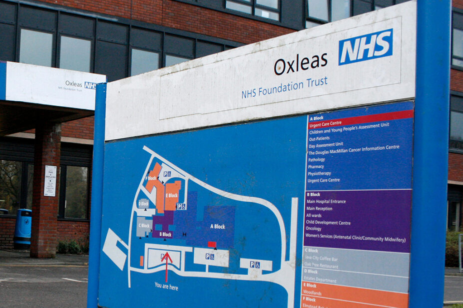 Oxleas NHS Foundation Trust signage outside hospital