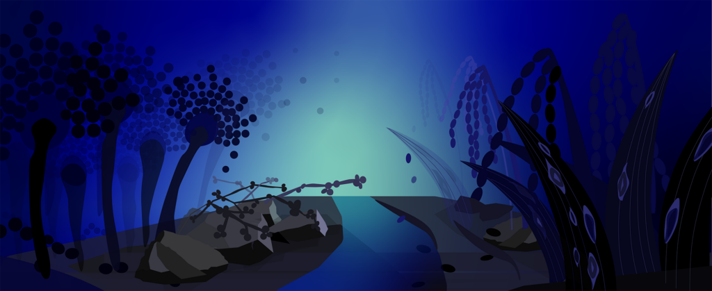 Dark blue background with spooky forest like scene with fungus instead of plants, aspergillus 'trees' on the left 'brambles' of candida and on the right rice with blast fungus attacking it