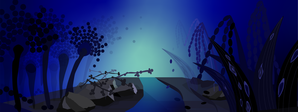 Dark blue background with spooky forest like scene with fungus instead of plants, aspergillus 'trees' on the left 'brambles' of candida and on the right rice with blast fungus attacking it