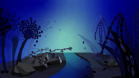 Dark blue background with spooky forest like scene with fungus instead of plants, aspergillus 'trees' on the left 'brambles' of candida and on the right rice with blast fungus attacking it
