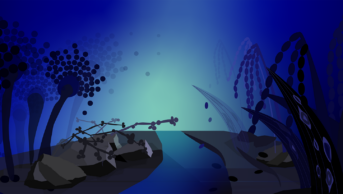 Dark blue background with spooky forest like scene with fungus instead of plants, aspergillus 'trees' on the left 'brambles' of candida and on the right rice with blast fungus attacking it