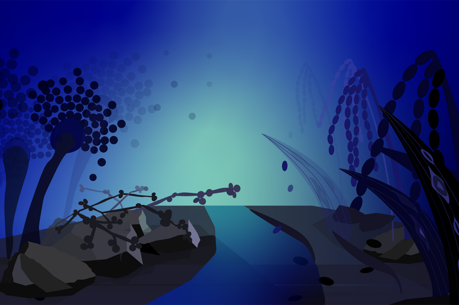 Dark blue background with spooky forest like scene with fungus instead of plants, aspergillus 'trees' on the left 'brambles' of candida and on the right rice with blast fungus attacking it
