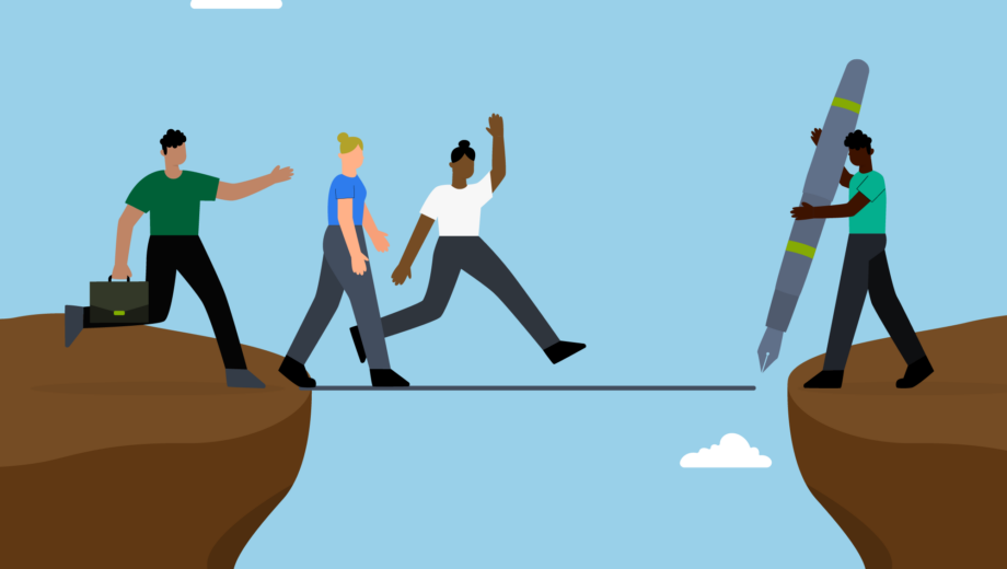 Blue sky background, brown cliffs. Person holding large pen 'draws' the bridge for other people in smart clothes to follow. One is holding a portfolio / briefcase