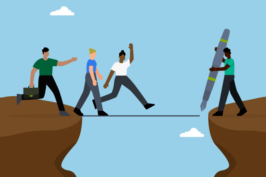 Blue sky background, brown cliffs. Person holding large pen 'draws' the bridge for other people in smart clothes to follow. One is holding a portfolio / briefcase