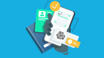 Blue background with hand holding a phone showing digital passport like pages: contacts, participants, cancer cells