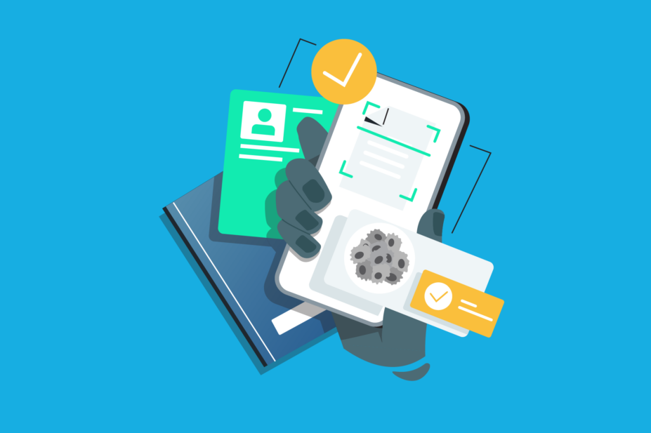Blue background with hand holding a phone showing digital passport like pages: contacts, participants, cancer cells