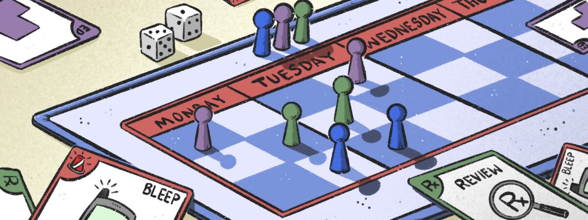 Graphic shows a board game / calendar with days of the week. Dice and counters cover the board. At the sides are 'playing cards' showing alerts and prescriptions