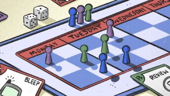 Graphic shows a board game / calendar with days of the week. Dice and counters cover the board. At the sides are 'playing cards' showing alerts and prescriptions