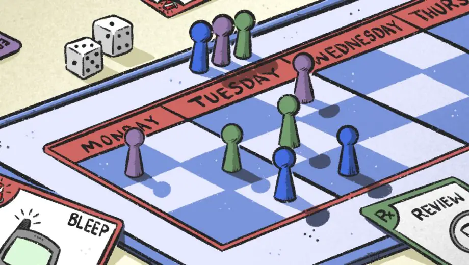 Graphic shows a board game / calendar with days of the week. Dice and counters cover the board. At the sides are 'playing cards' showing alerts and prescriptions