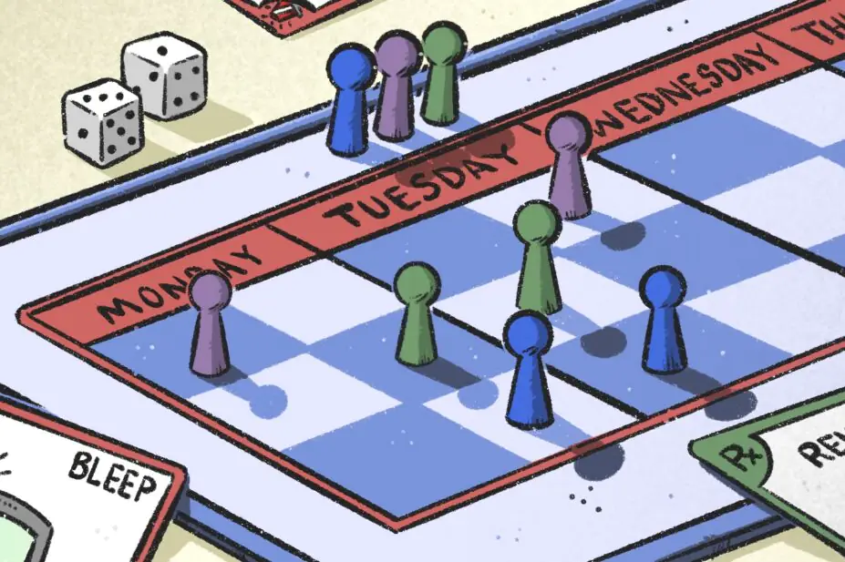 Graphic shows a board game / calendar with days of the week. Dice and counters cover the board. At the sides are 'playing cards' showing alerts and prescriptions