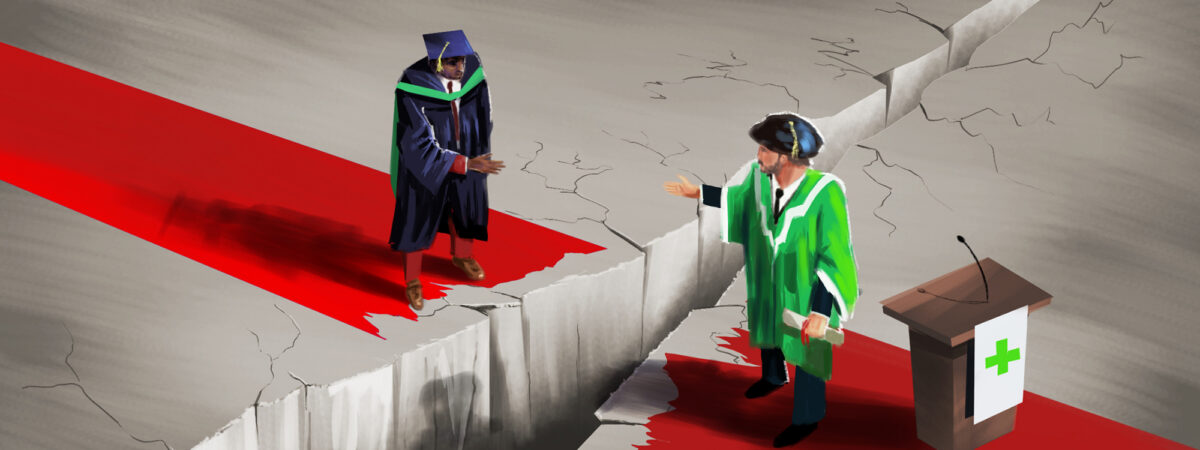 Grey rocky surface with a red carpet showing a massive crack down the centre. On the left shows a mixed race graduand trying to collect their graduation scroll, and on the right the Dean standing beside a podium reaching out with a scroll. The gap between them is too large however