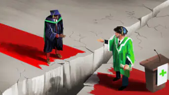 Grey rocky surface with a red carpet showing a massive crack down the centre. On the left shows a mixed race graduand trying to collect their graduation scroll, and on the right the Dean standing beside a podium reaching out with a scroll. The gap between them is too large however