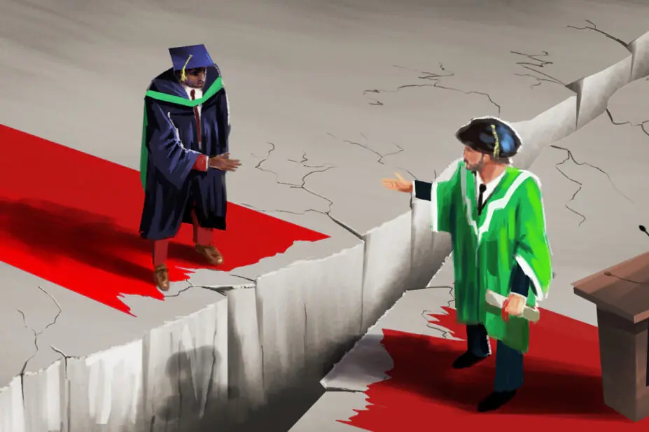 Grey rocky surface with a red carpet showing a massive crack down the centre. On the left shows a mixed race graduand trying to collect their graduation scroll, and on the right the Dean standing beside a podium reaching out with a scroll. The gap between them is too large however