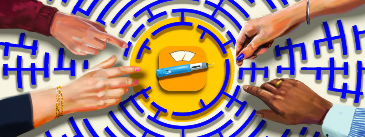 White background with dark blue circular maze with GLP-1 injector pen and scales in centre, four different hands reach in with white female hands reaching furthest to centre