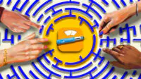 White background with dark blue circular maze with GLP-1 injector pen and scales in centre, four different hands reach in with white female hands reaching furthest to centre