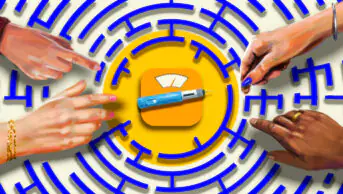 White background with dark blue circular maze with GLP-1 injector pen and scales in centre, four different hands reach in with white female hands reaching furthest to centre
