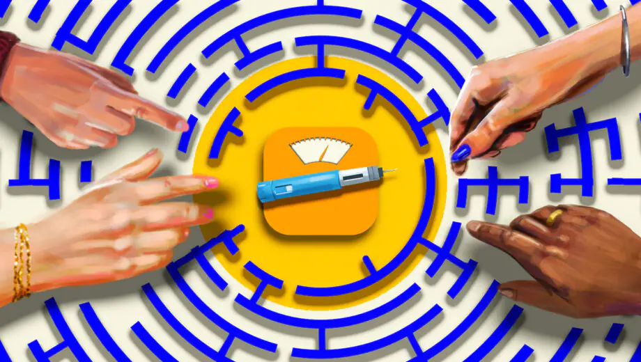 White background with dark blue circular maze with GLP-1 injector pen and scales in centre, four different hands reach in with white female hands reaching furthest to centre