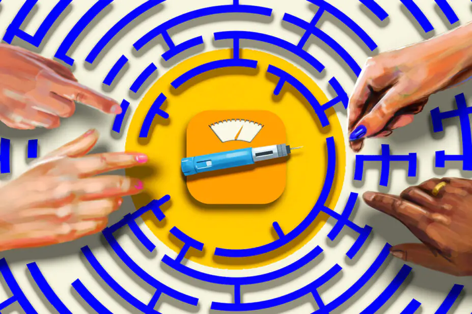 White background with dark blue circular maze with GLP-1 injector pen and scales in centre, four different hands reach in with white female hands reaching furthest to centre