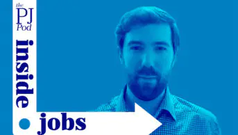 Blue background with Ed Hindle in blue and white. Text says: PJ Inside Jobs in navy writing on white banner
